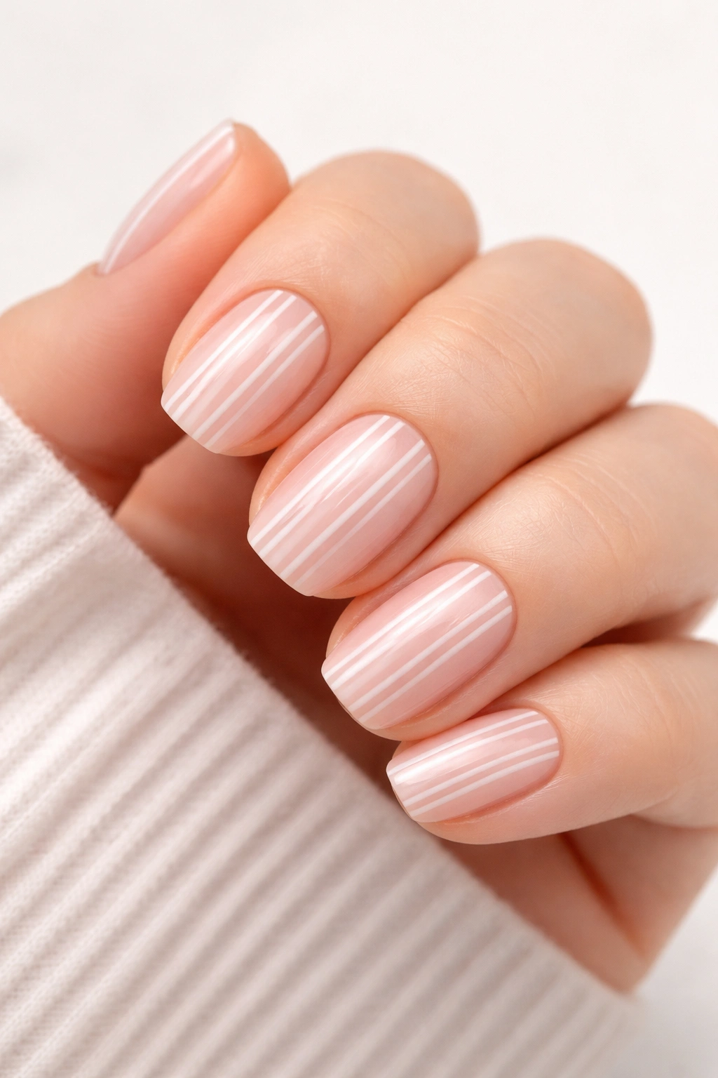 Close-up of short squoval nails with delicate thin stripes