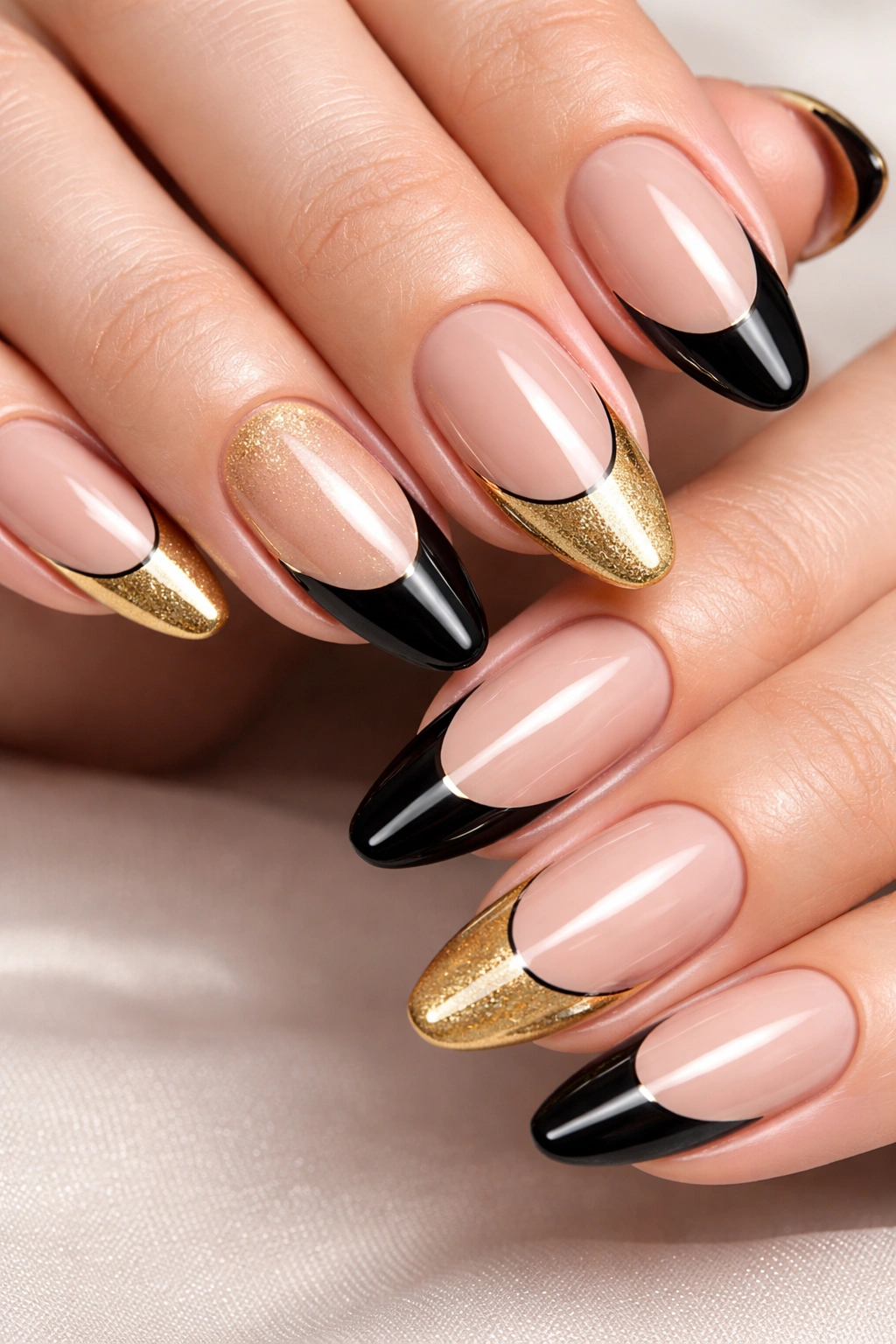 Nails with alternating black and gold tips on nude base