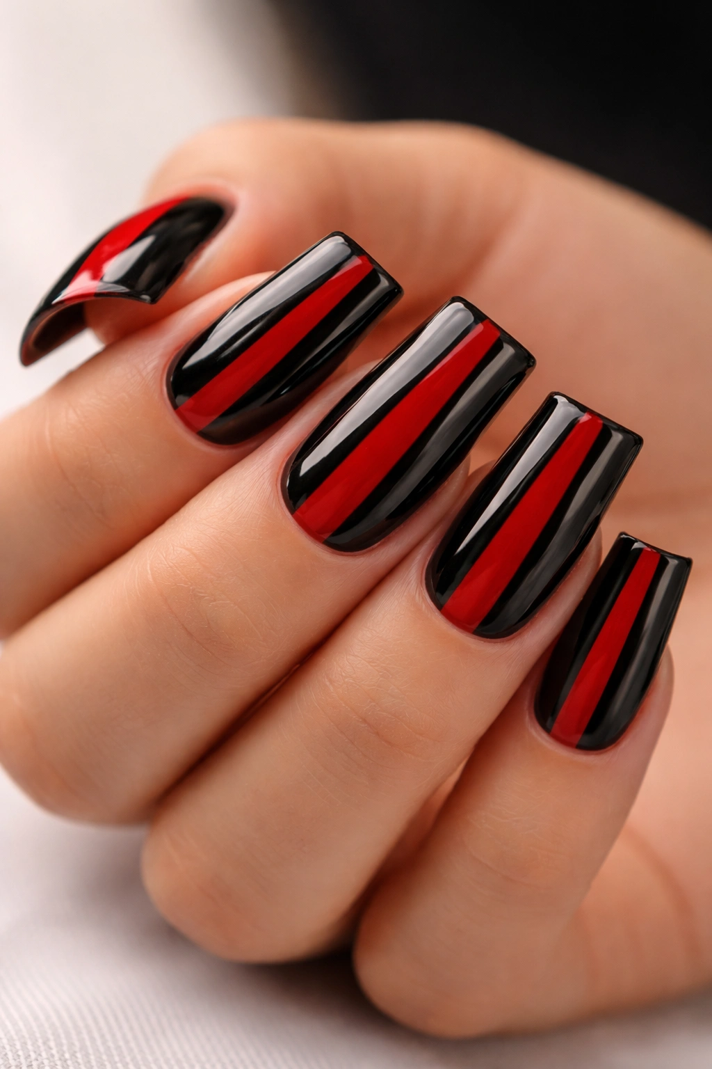 Duck nails with crisp black and red stripes