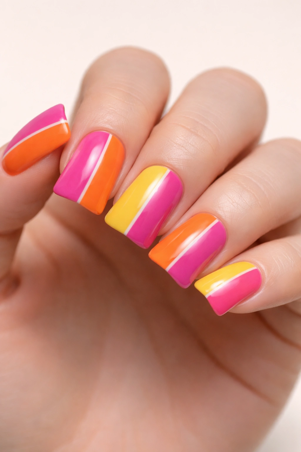 Close-up of short duck nails with stripes or color blocks on a hand