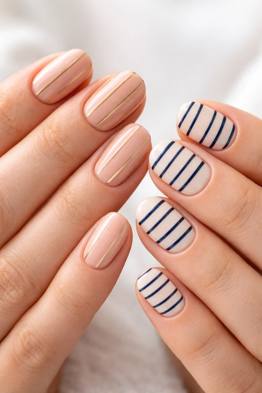 Nude and pale nails with vertical gold stripes on one hand and horizontal navy stripes on the other.
