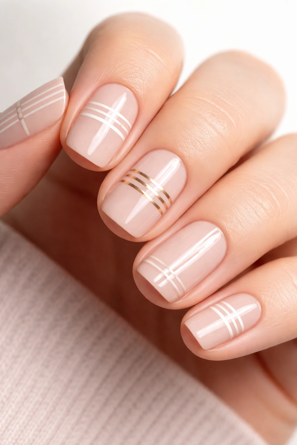 Close-up of striped nails with thin lines on pale base
