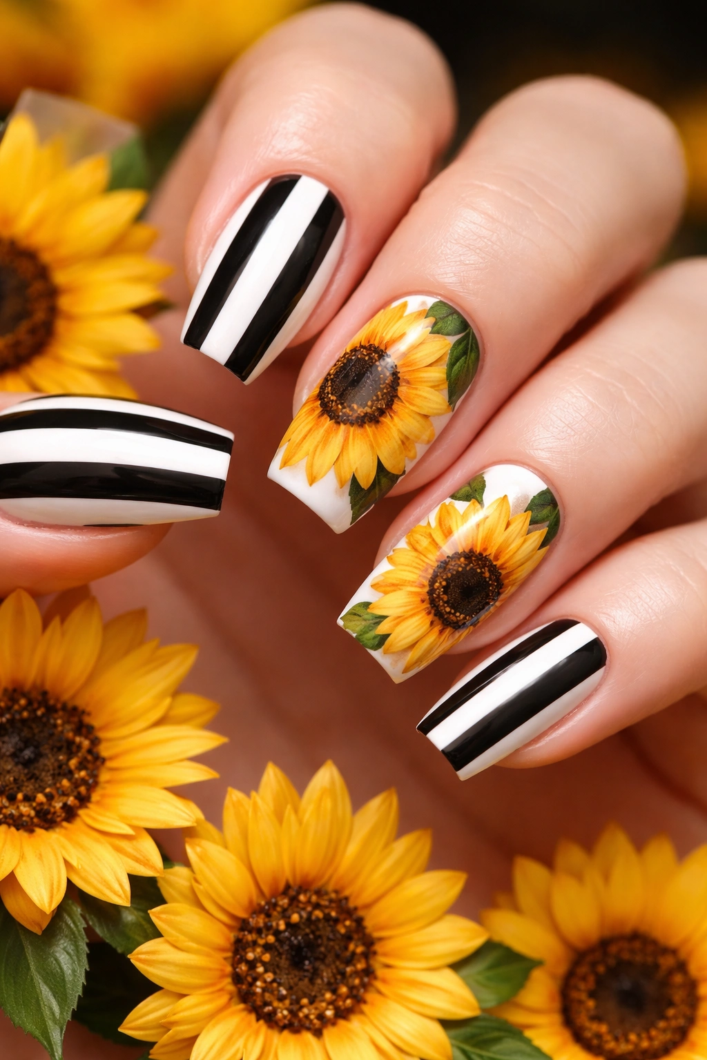 Nails with black and white stripes and golden sunflower accents.