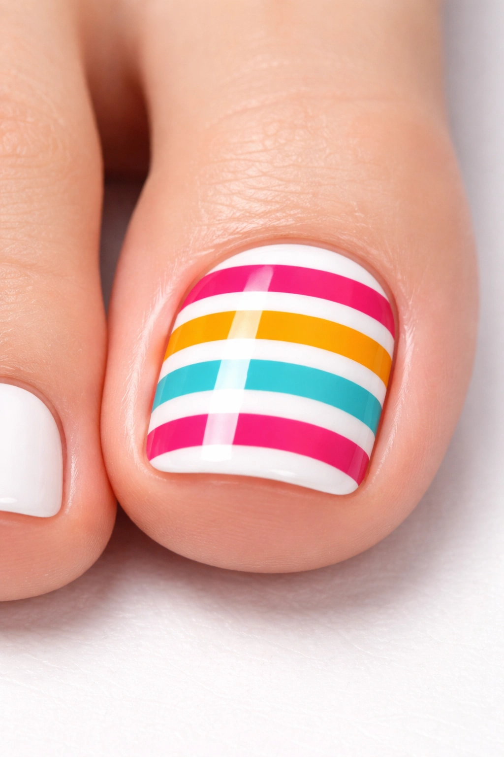 Close-up of a single toenail with white base and black horizontal stripes, glossy finish