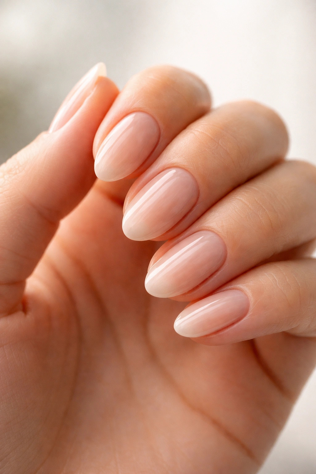 Close-up of strong short almond nails with clean edges