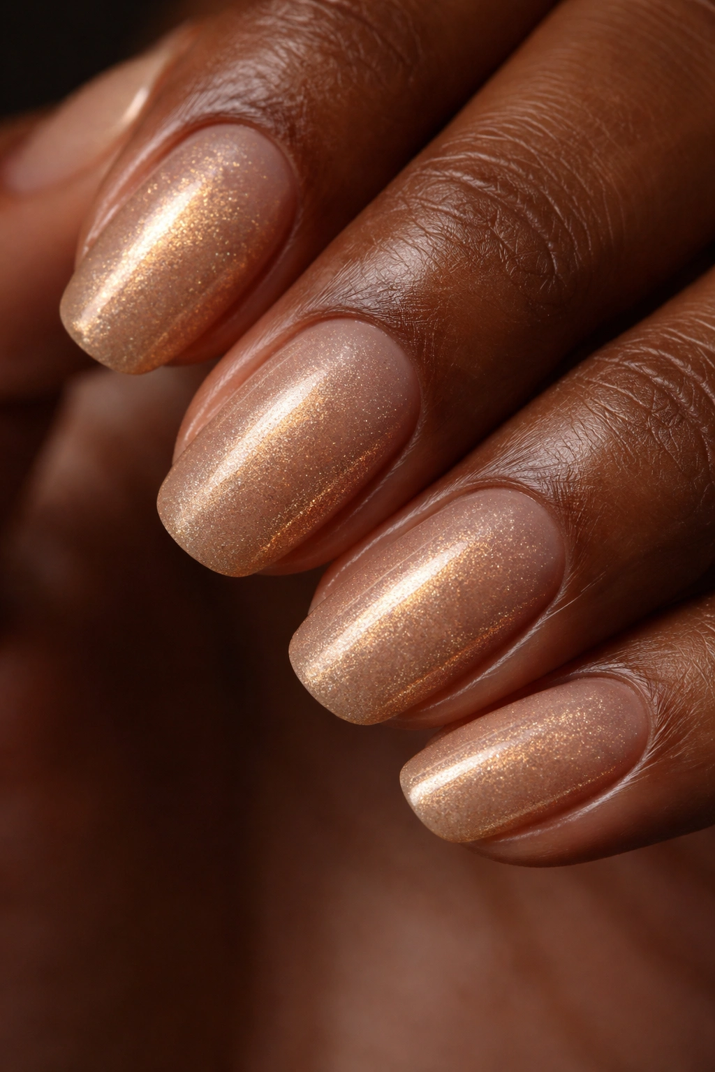 Close-up of dark skin nails with sheer nude base and subtle gold shimmer