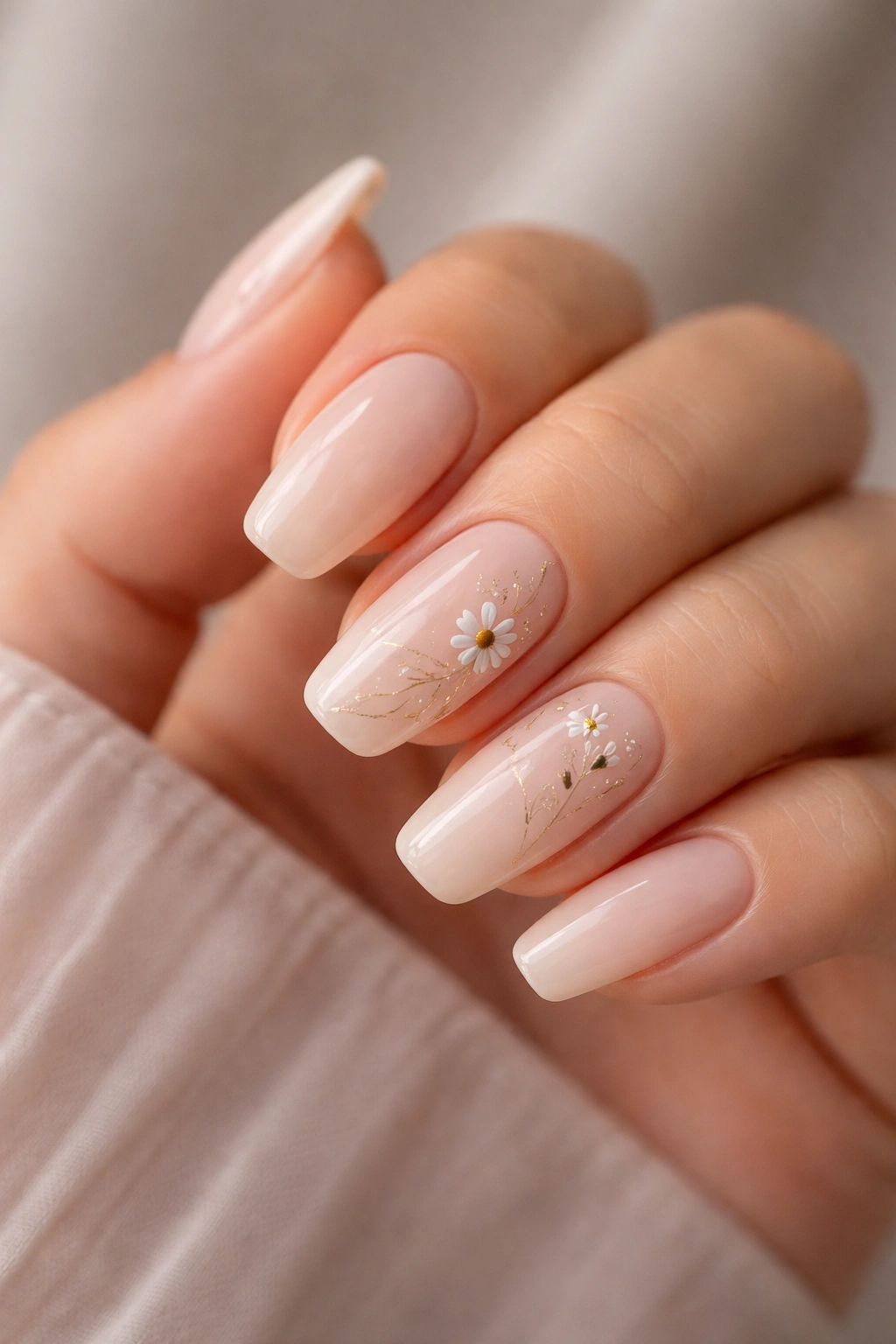 Hand with subtle hand-painted nail art on accent nails