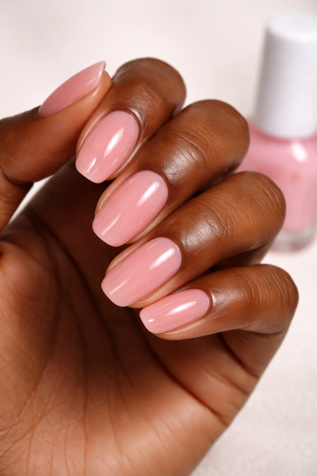 Close-up of deep skin tone hand with Sugar Daddy sheer pink nails