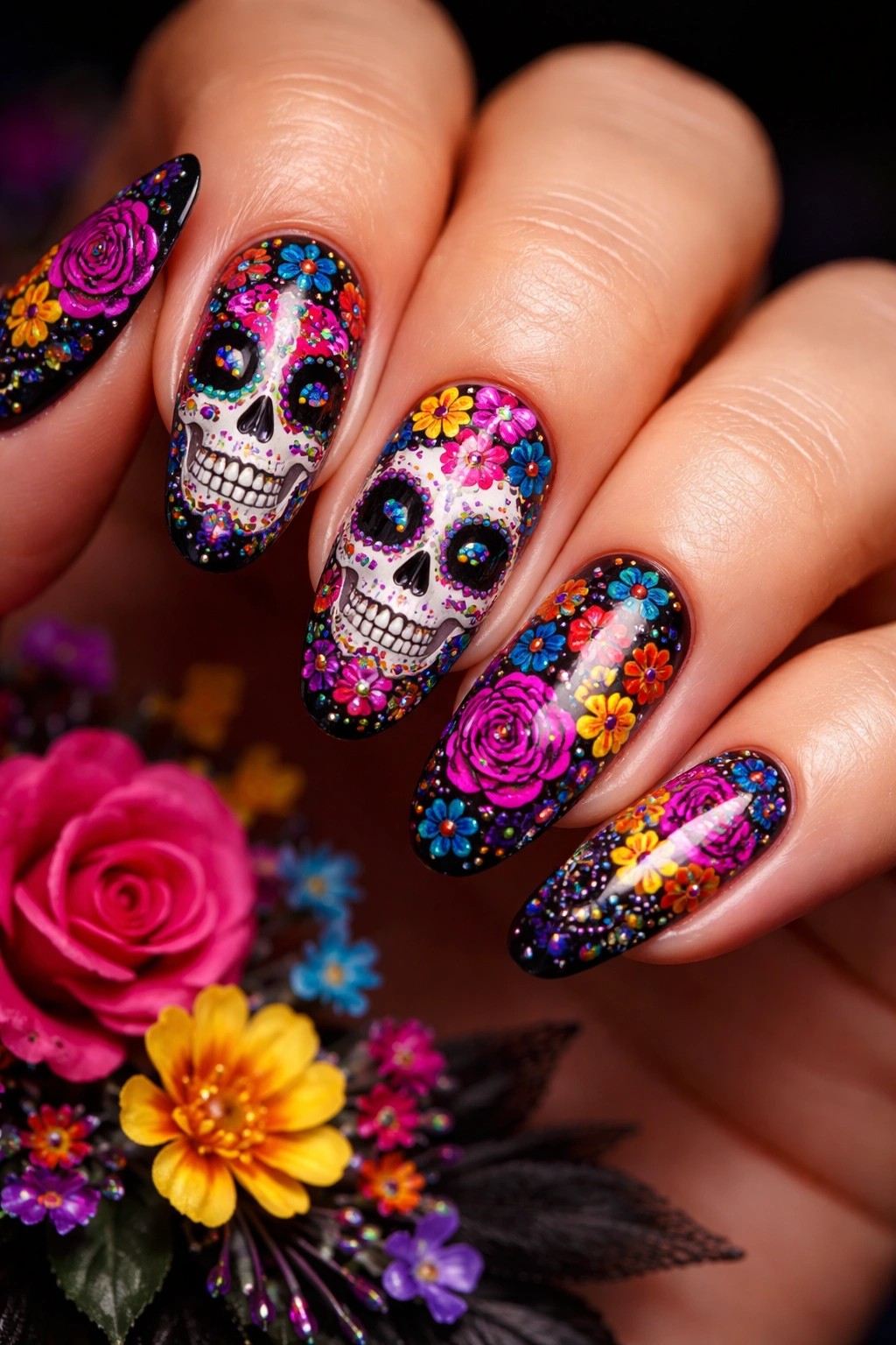Nails with vibrant sugar skull face painting and floral motifs