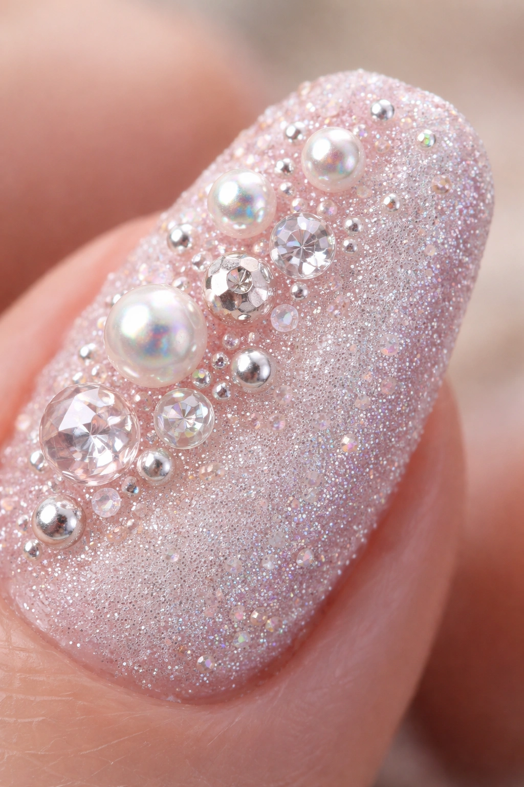 Textured sugar nails with dimensional beads scattered on surface