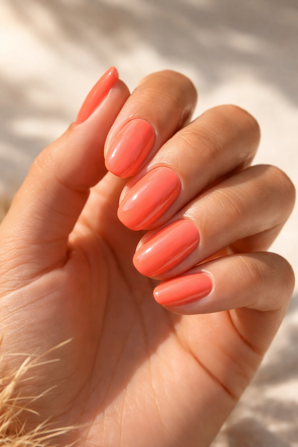 Warm coral nail color on nails reflecting summer shade