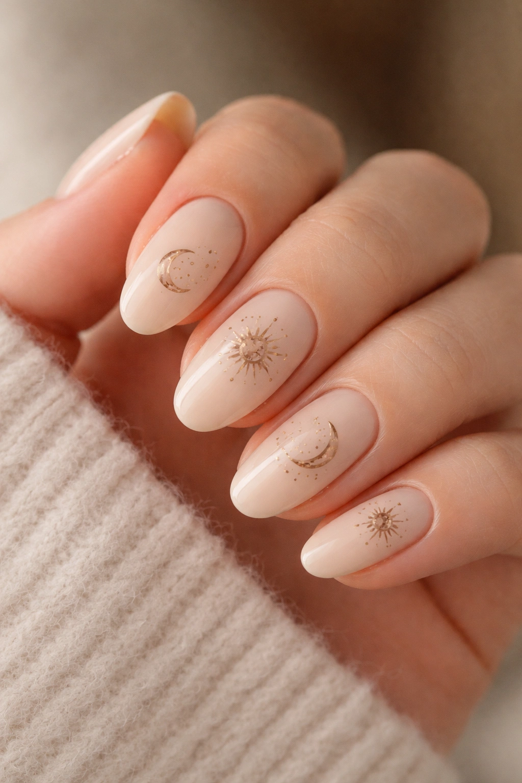 Close-up of short almond nails with tiny sun and moon motifs on a nude base
