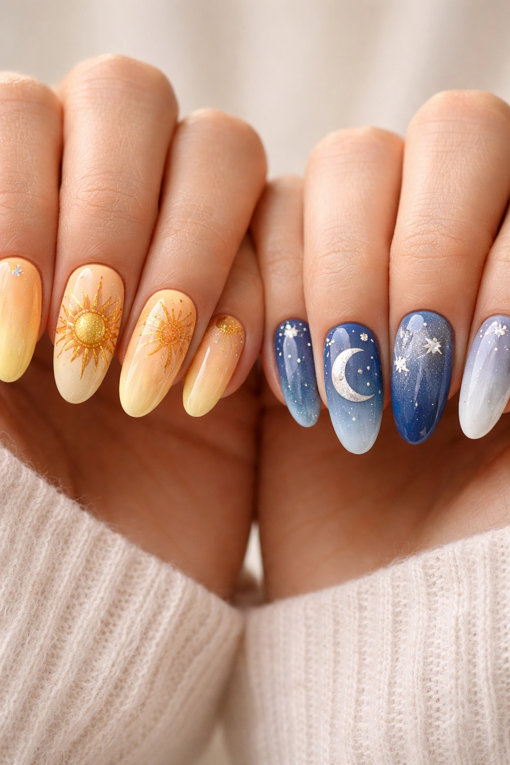 Close-up of sun and moon nails balancing warm and cool tones