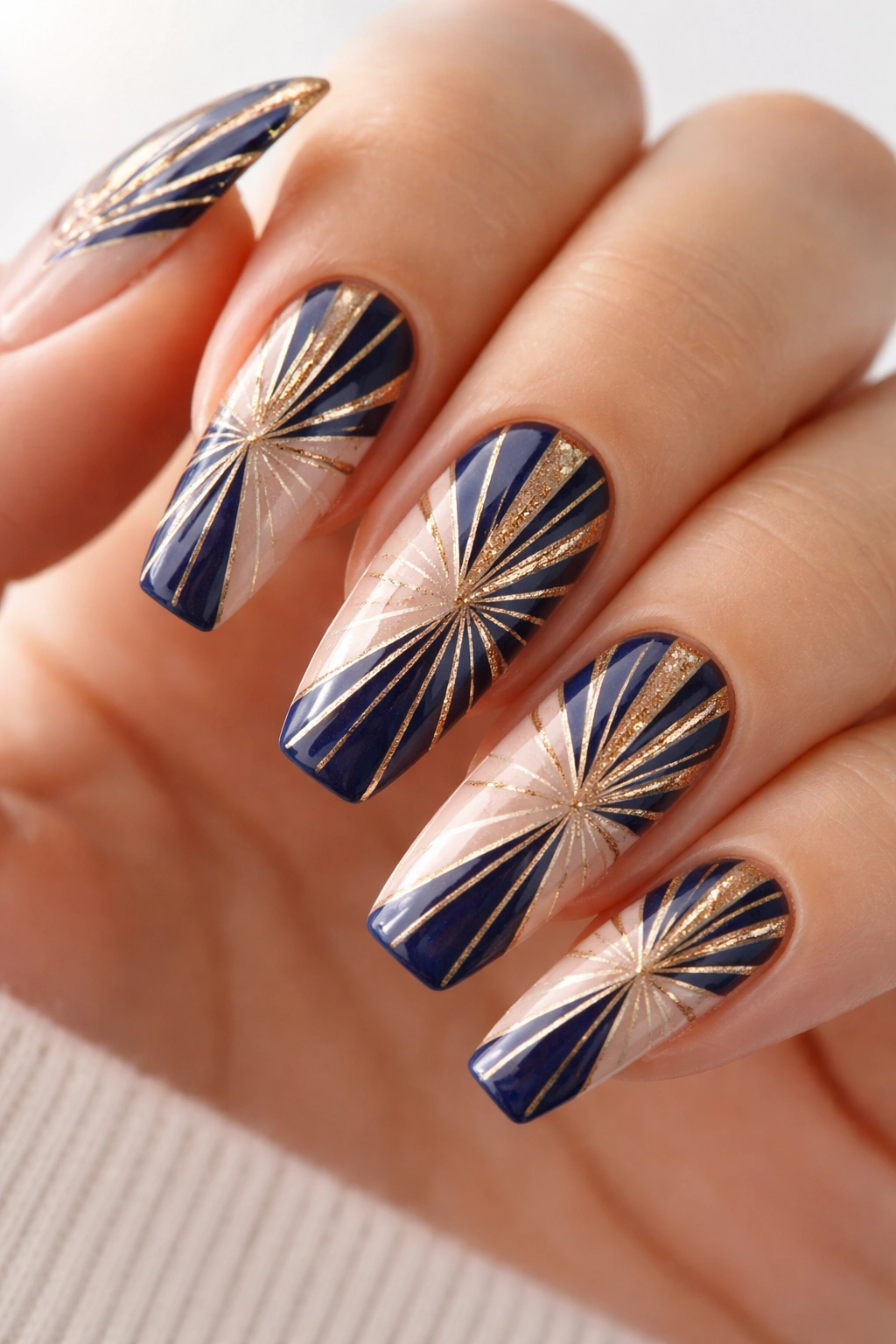 Curved coffin nails with sunburst radiating lines in navy and gold