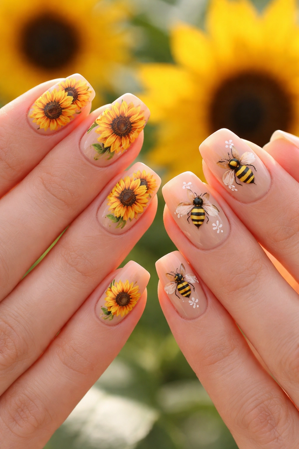 Nails featuring sunflower and bee designs on a neutral base