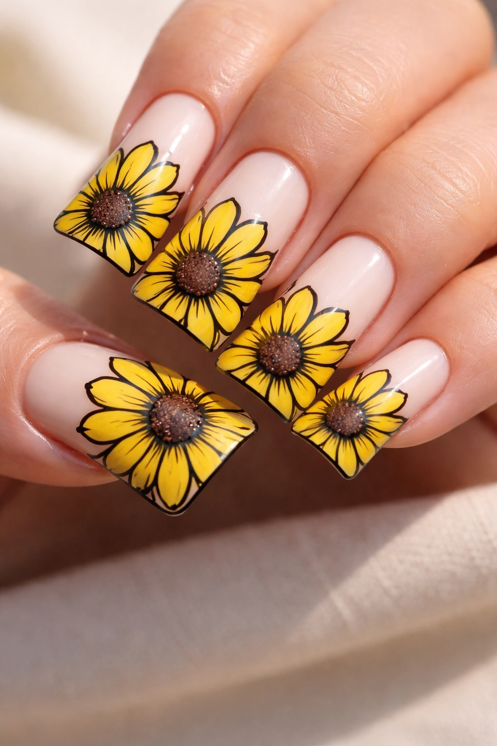 Close-up of Sunflower Yellow Duck Nails with Black Outline showing bold yellow petals and black outlines on curved nails