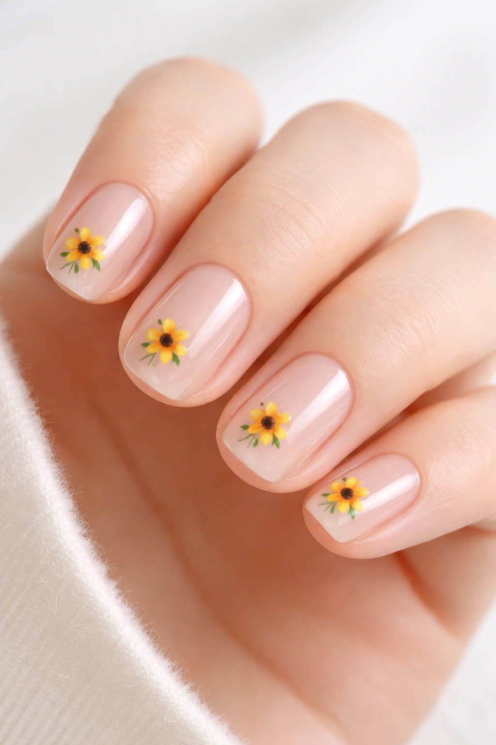 Minimalist sunflower nails on clear base with subtle, delicate floral accents.