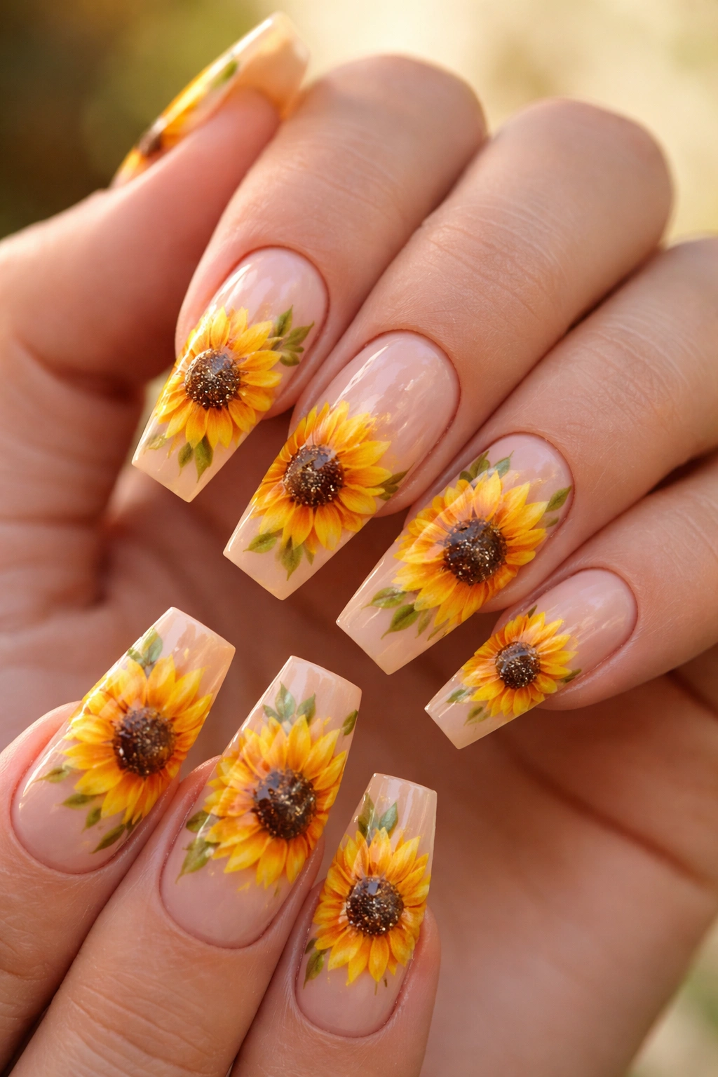 Close-up of coffin nails with sunflower design on a neutral base
