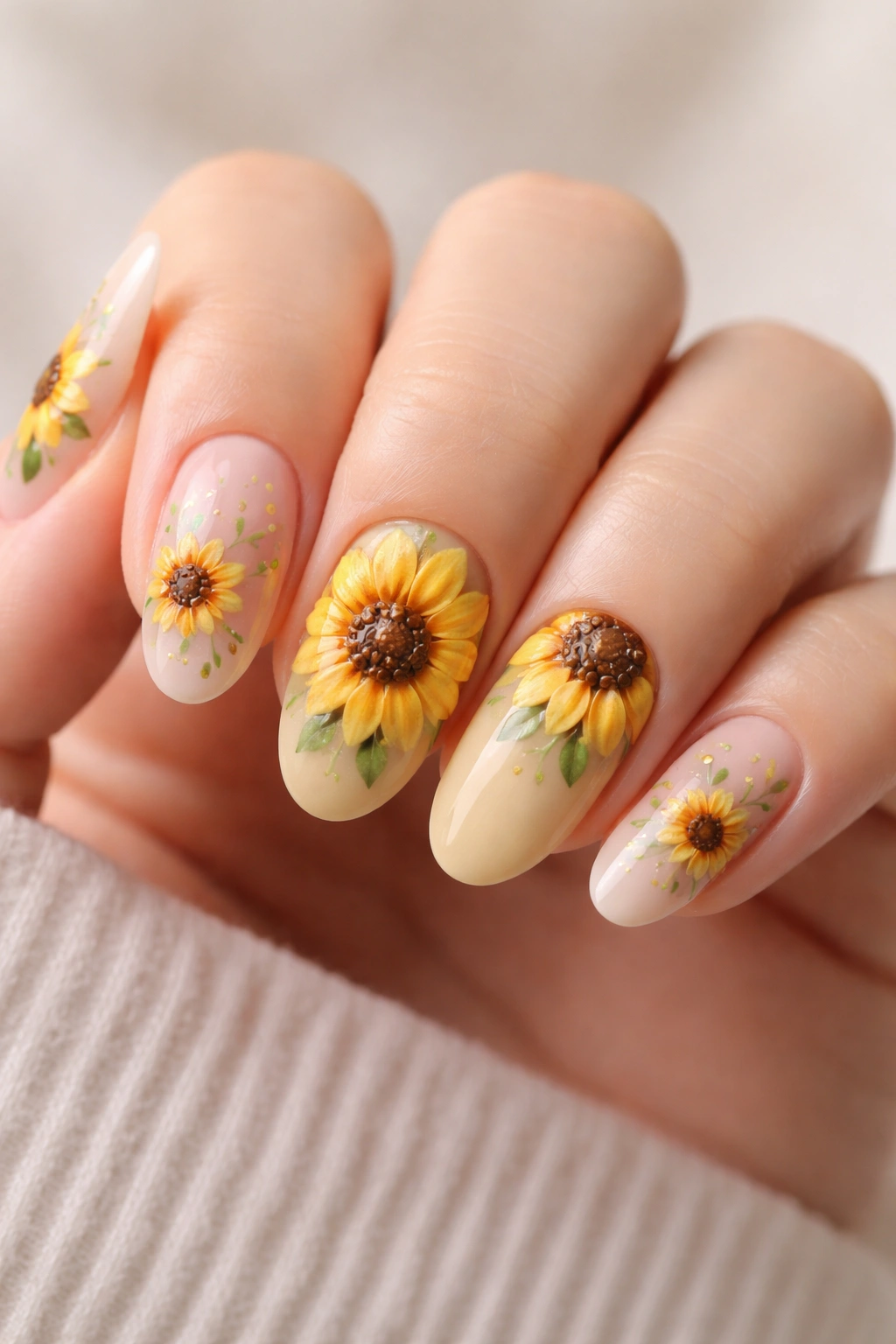 Close-up of sunflower-inspired nail art showing minimalist and 3D designs.