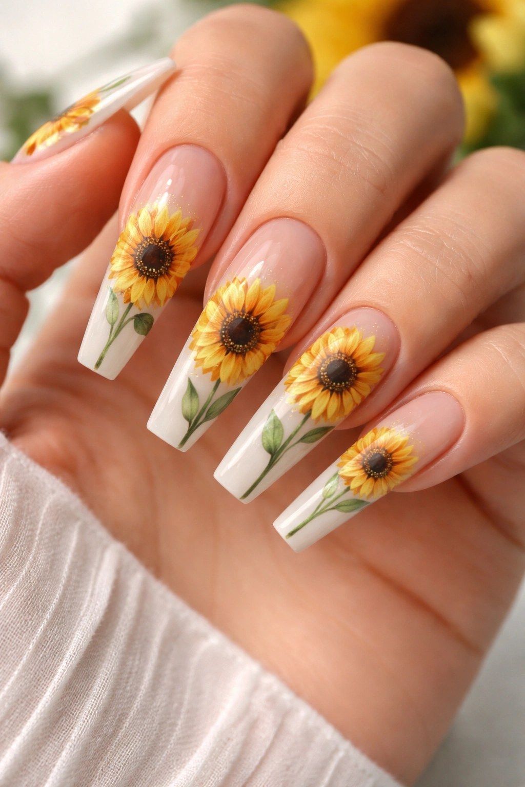 Coffin nails with sunflower designs and green stems on nude base