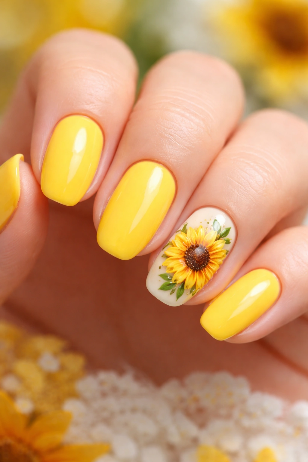 Nail art with sunflower motif on accent nail against yellow nails