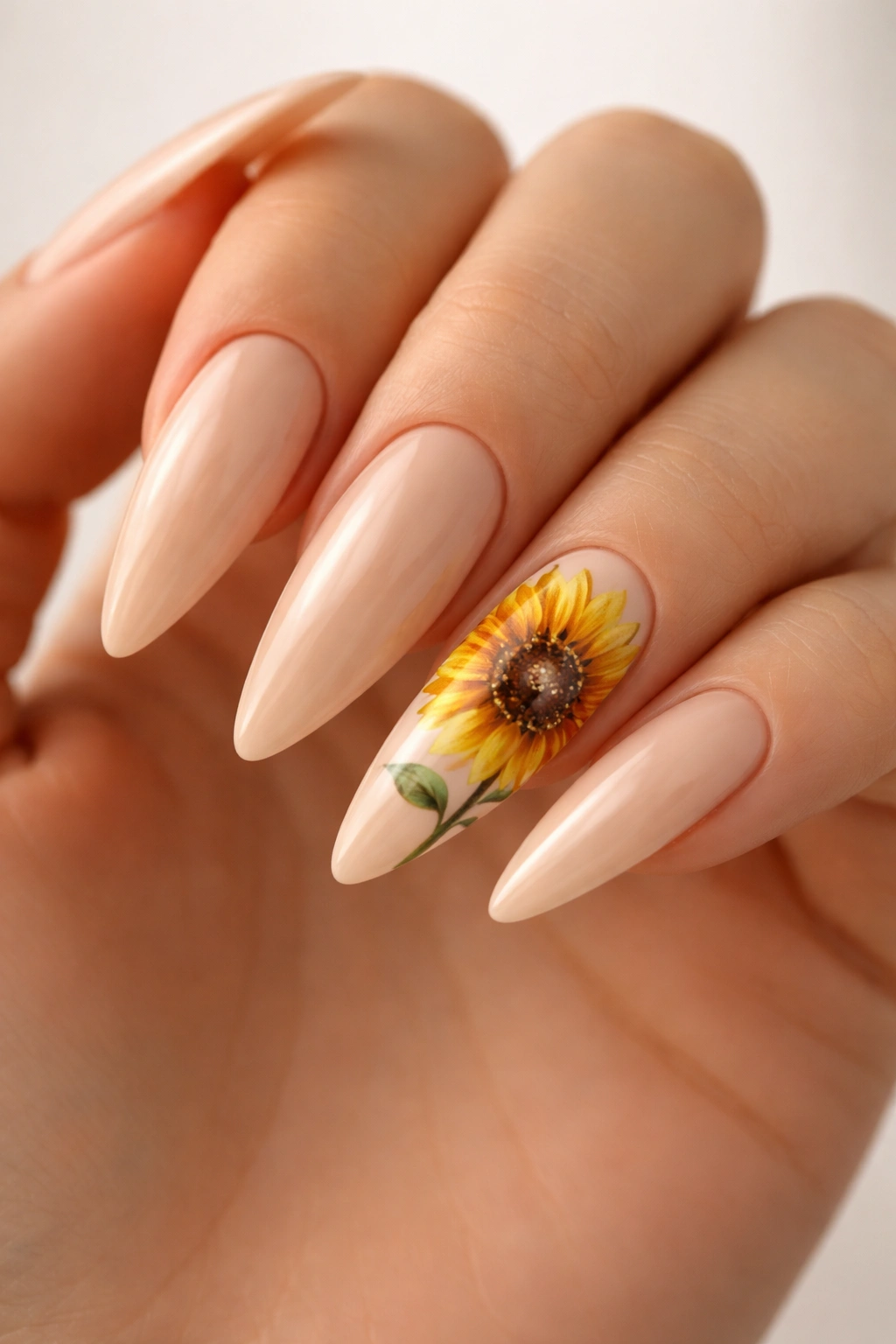 Nude stiletto nails with a large sunflower accent on the ring finger