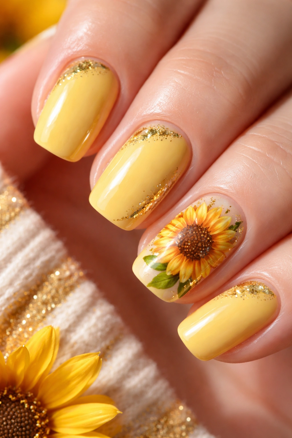 Sunflower nail art on short squoval nails with yellow base
