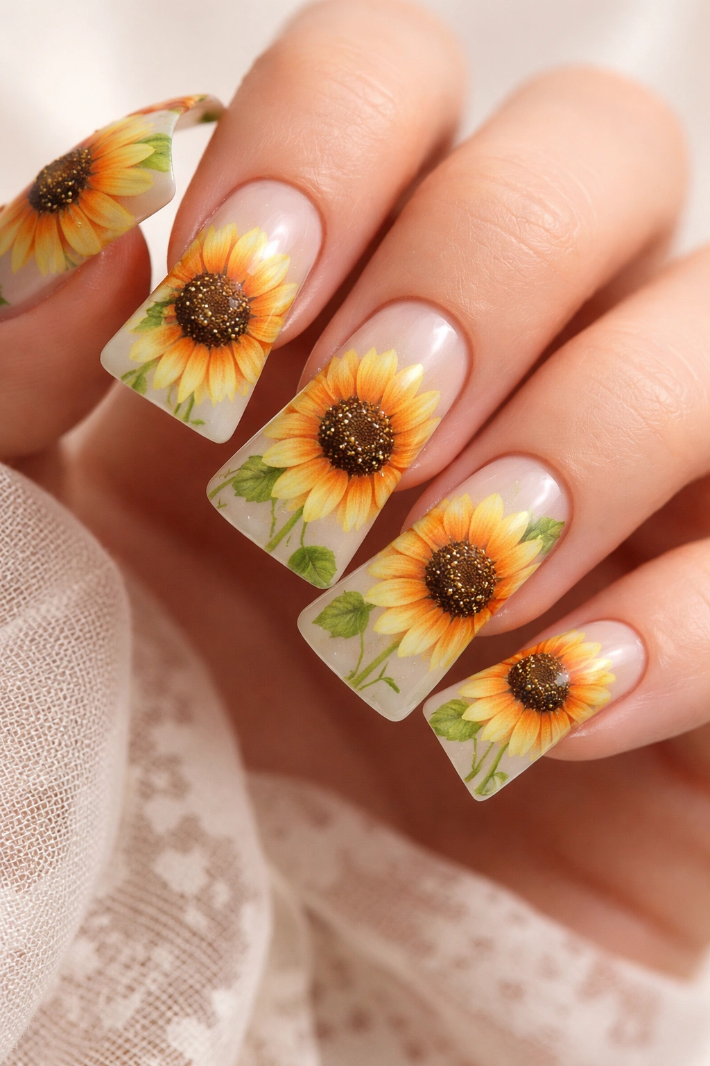 Duck nails with sunflower petals gradient from pale yellow to orange