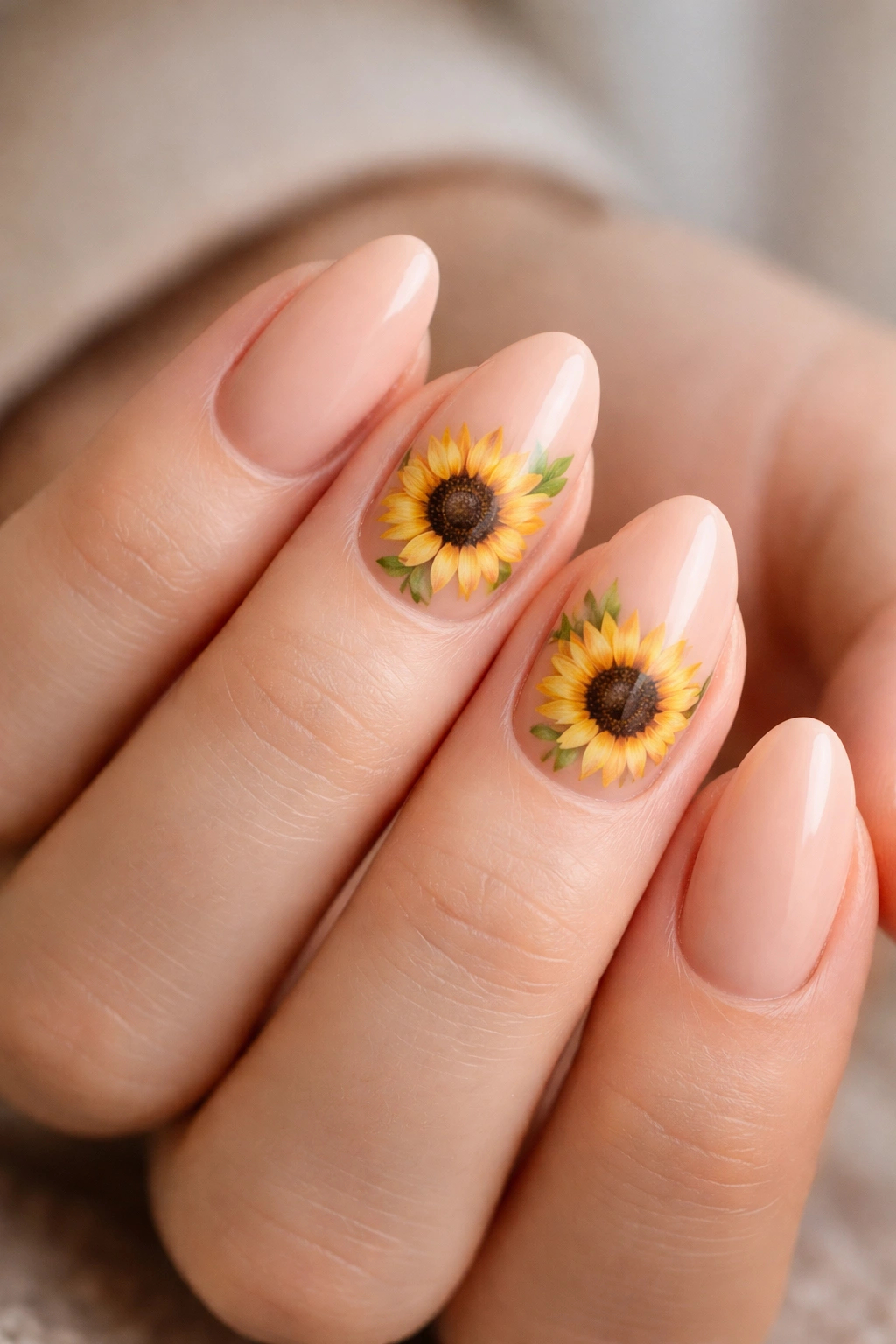 Close-up of short almond nails with sunflowers on soft peach