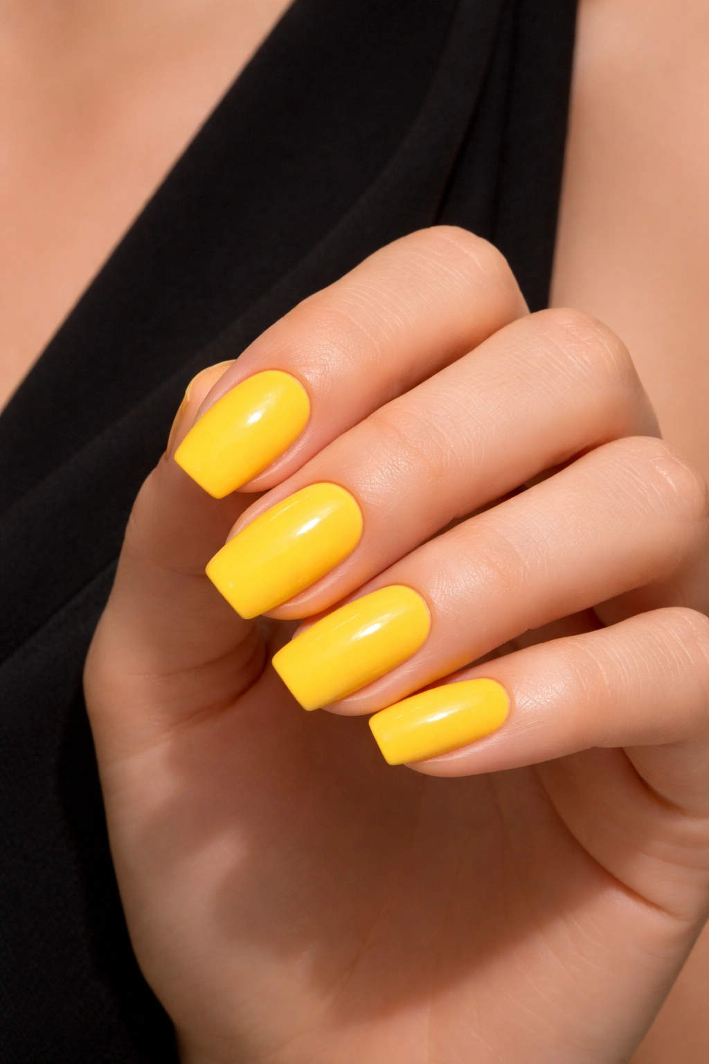 Bright sunny yellow nails on a hand providing cheerful contrast with black dress