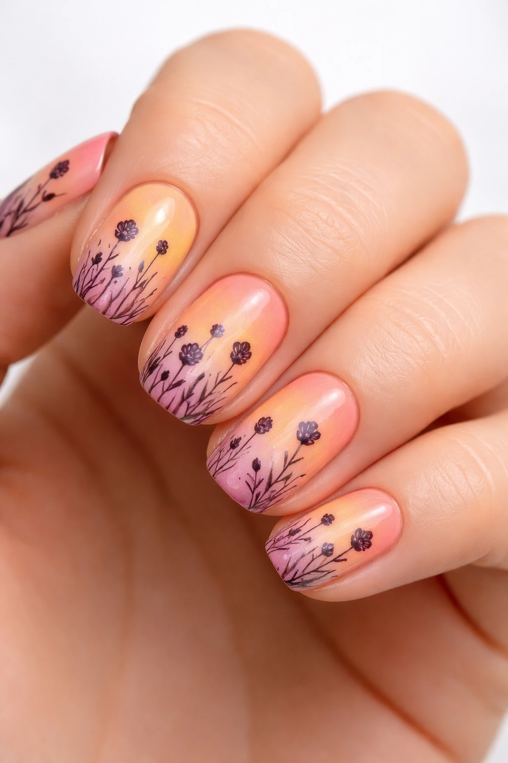 Close-up of nails with sunrise gradient and dark wildflower silhouettes