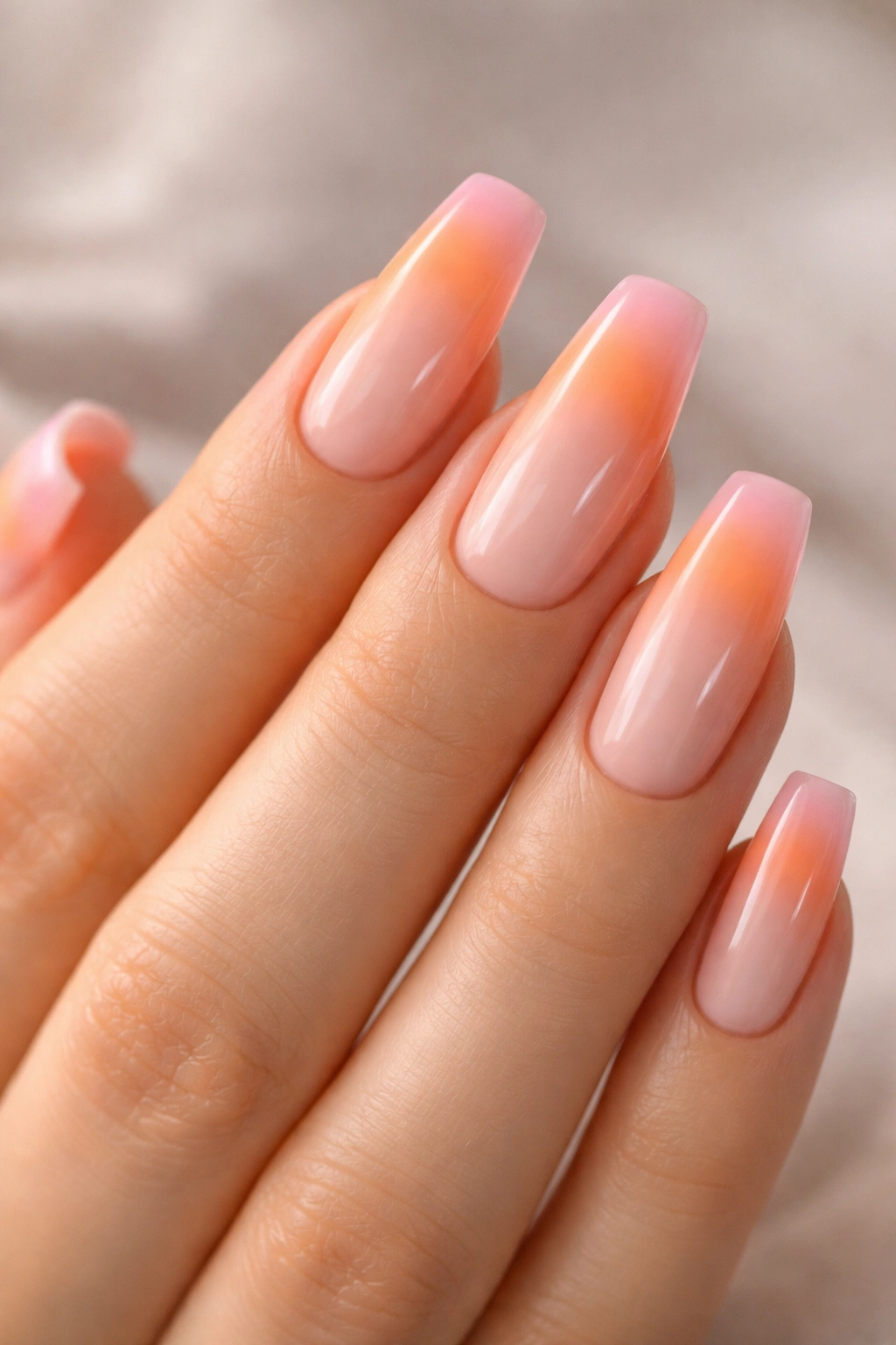 Close-up of sunset aura nails on a hand