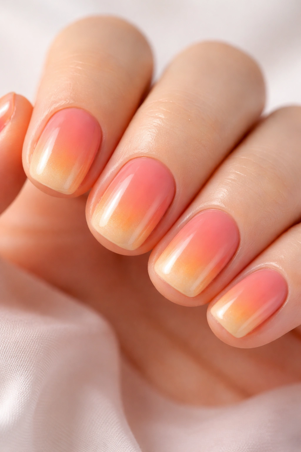 Close-up of sunset coral nails showing coral to peach to gold gradient on short squoval nails