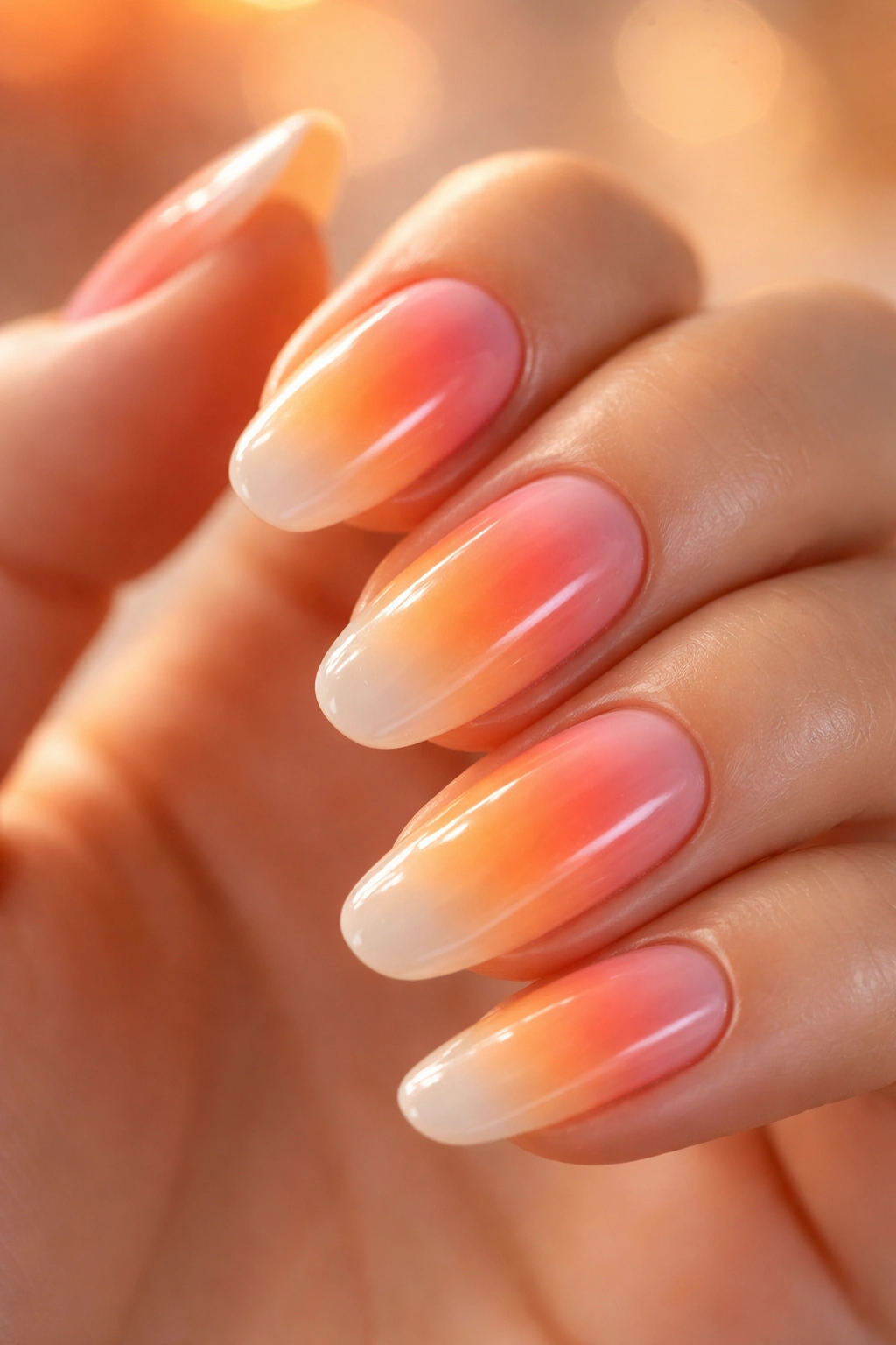Sunset coral fade nails blending coral orange and peach tones on nude base