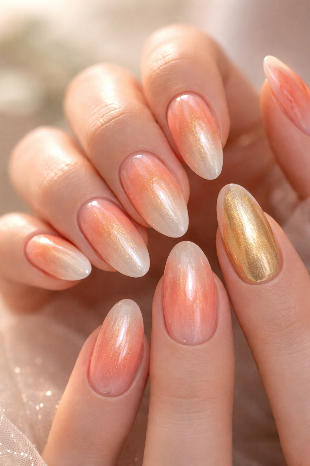 Close-up of Sunset Glow Aura nails with peach to coral gradient and golden shimmer