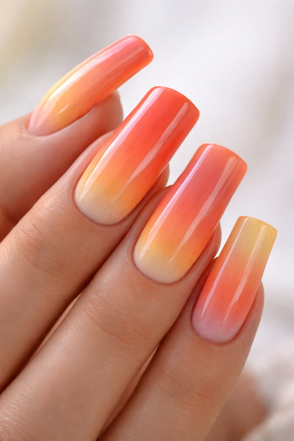 Close-up of sunset gradient duck nail from orange to yellow on a manicured hand