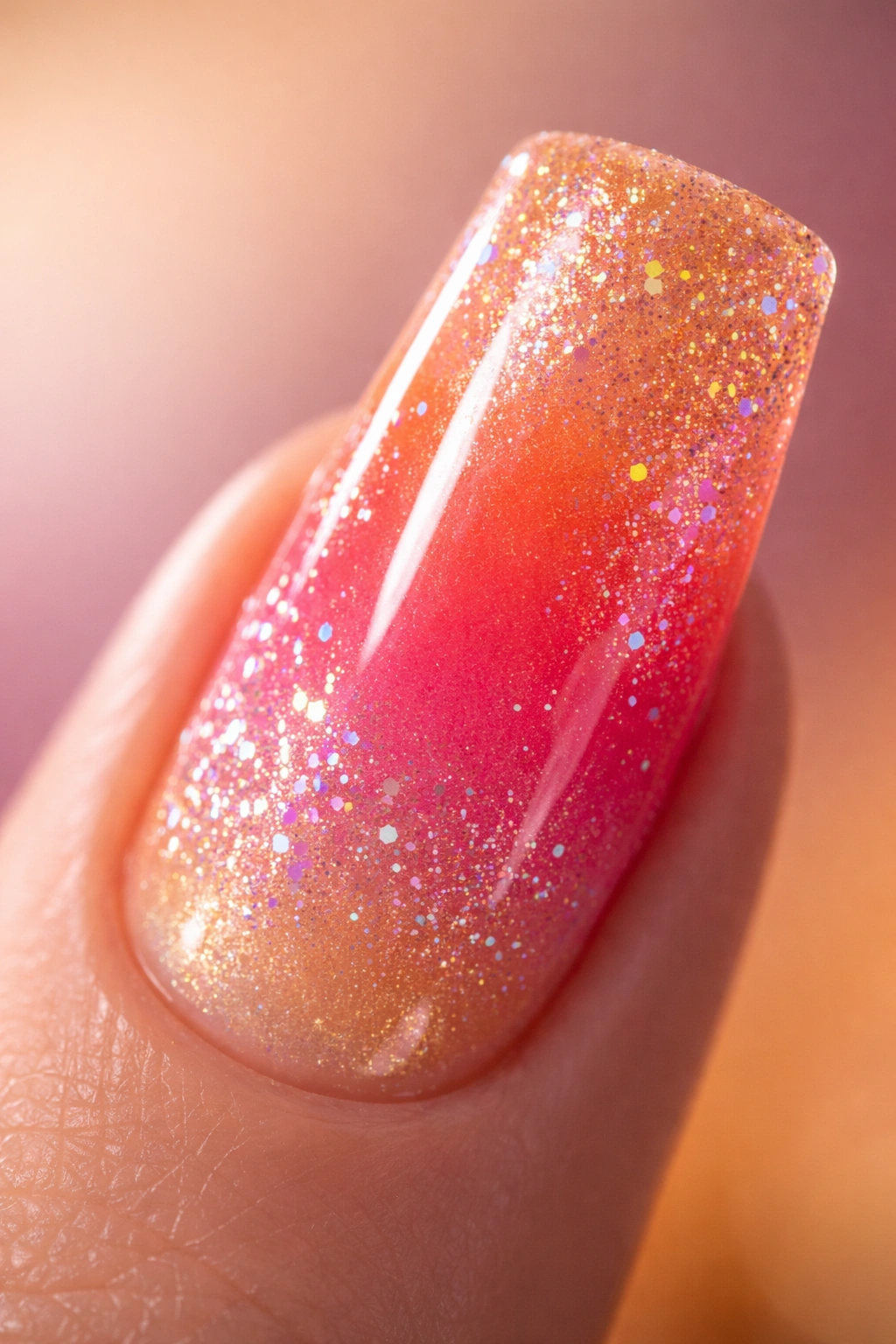Long duck nail with sunset gradient and holographic glitter
