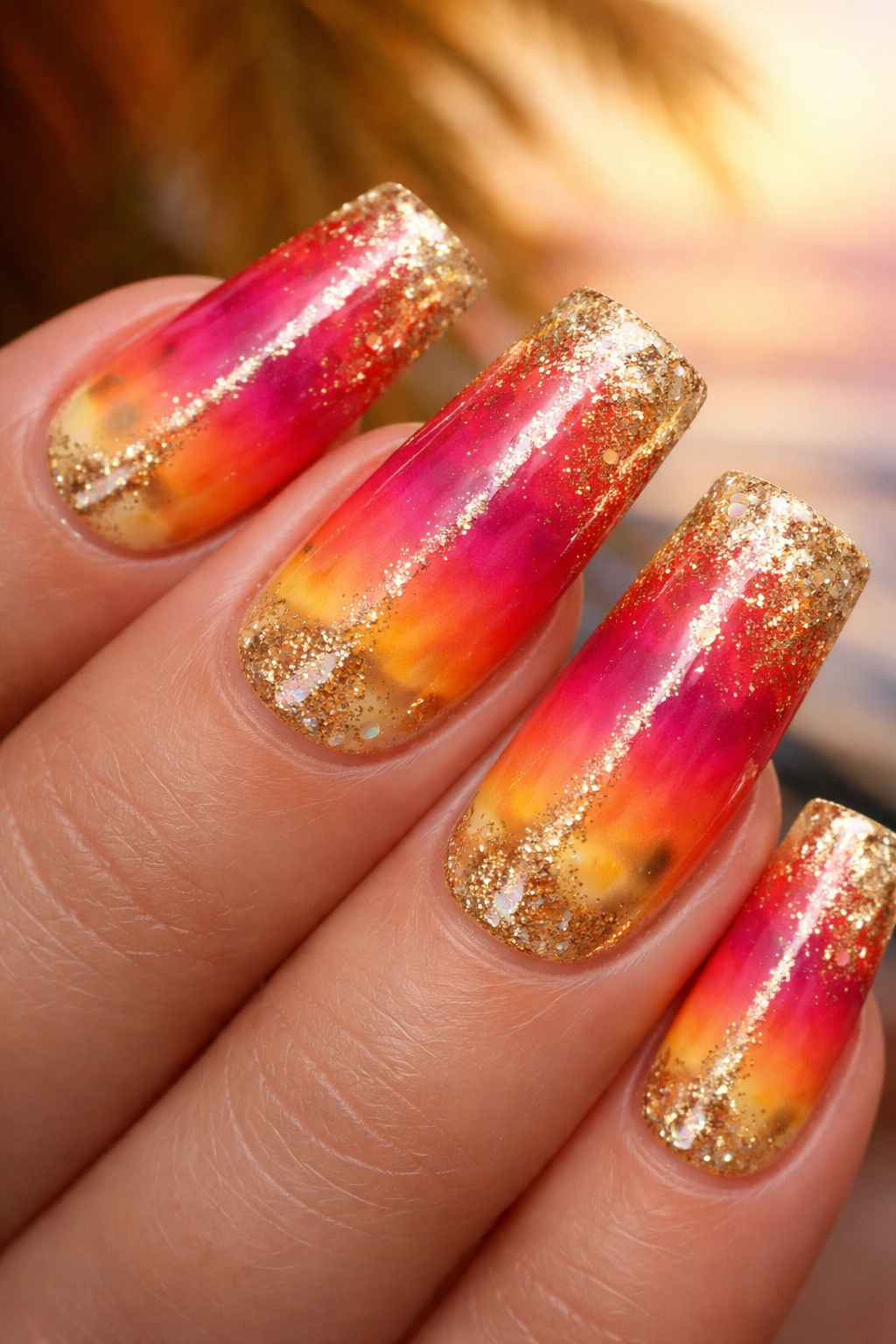 Duck nails with sunset gradient and glitter accents