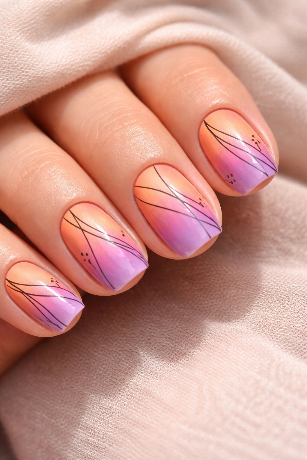 Close-up of short squoval nails with a sunset gradient and fine line details