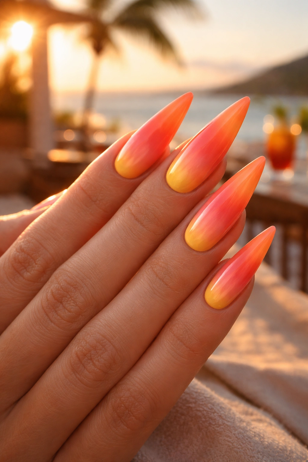 Close-up of sunset gradient stilettos nails in warm sunset colors