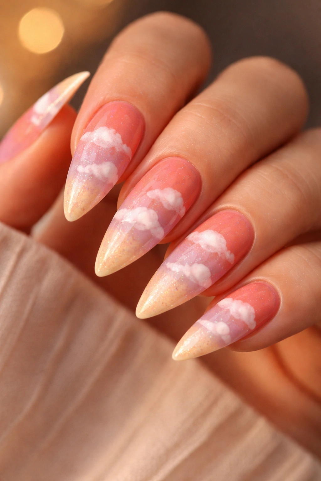 Sunset gradient stiletto nails with white cloud accents