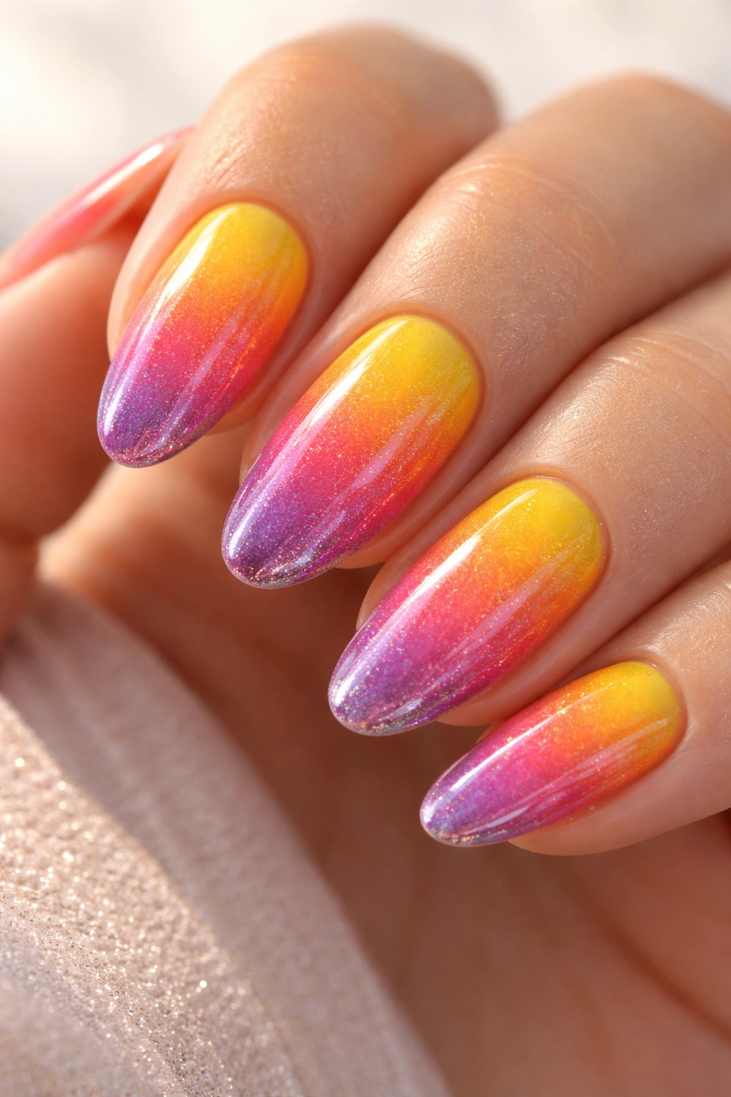 Close-up of sunset gradient nails blending warm colors