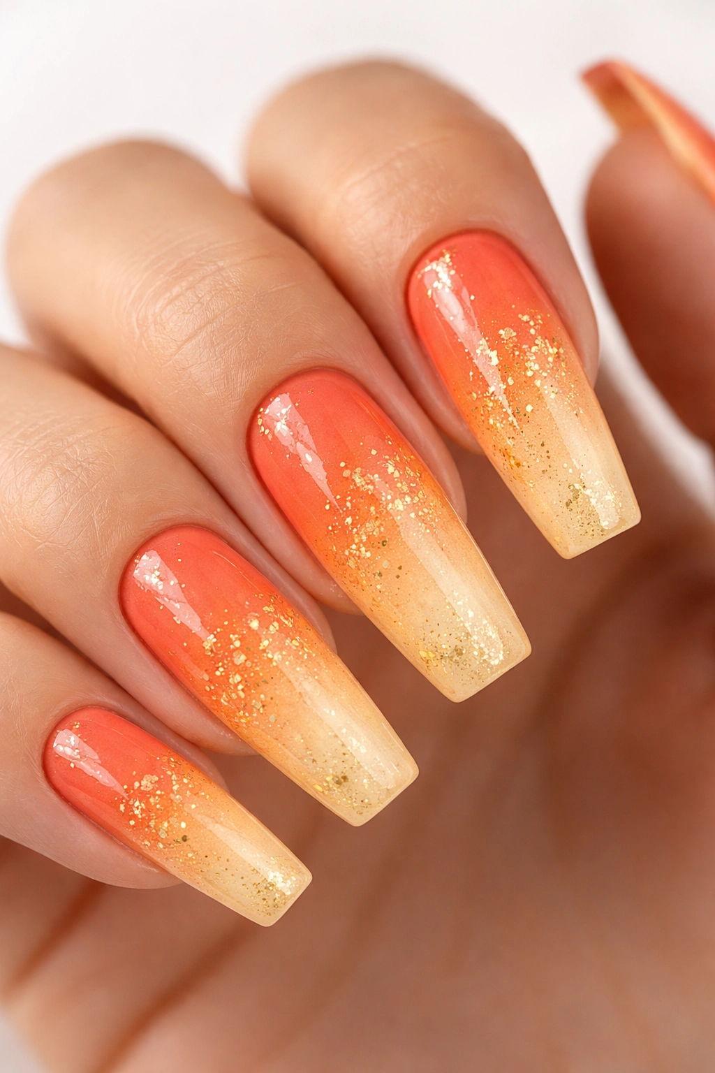 Close-up of long coffin nails with coral-to-gold sunset gradient and gold flakes.