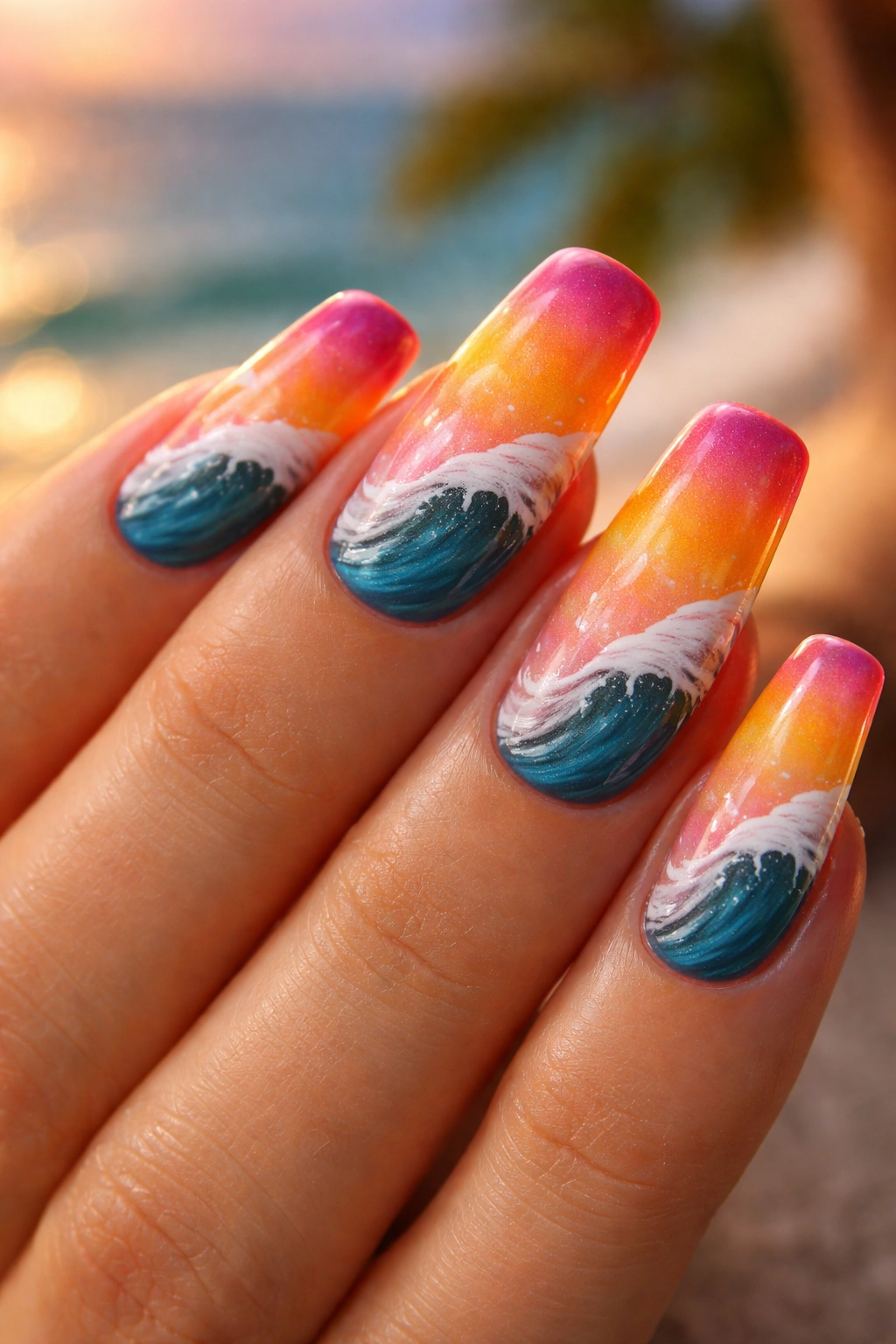 Duck nails with sunset gradient and white ocean wave tips