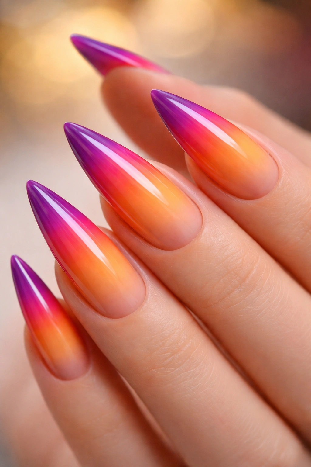 Close-up of sunset gradient stiletto nails with purple tips.