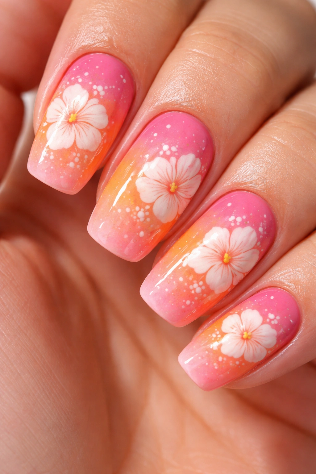Close-up of sunset ombre nail with floating hibiscus silhouettes