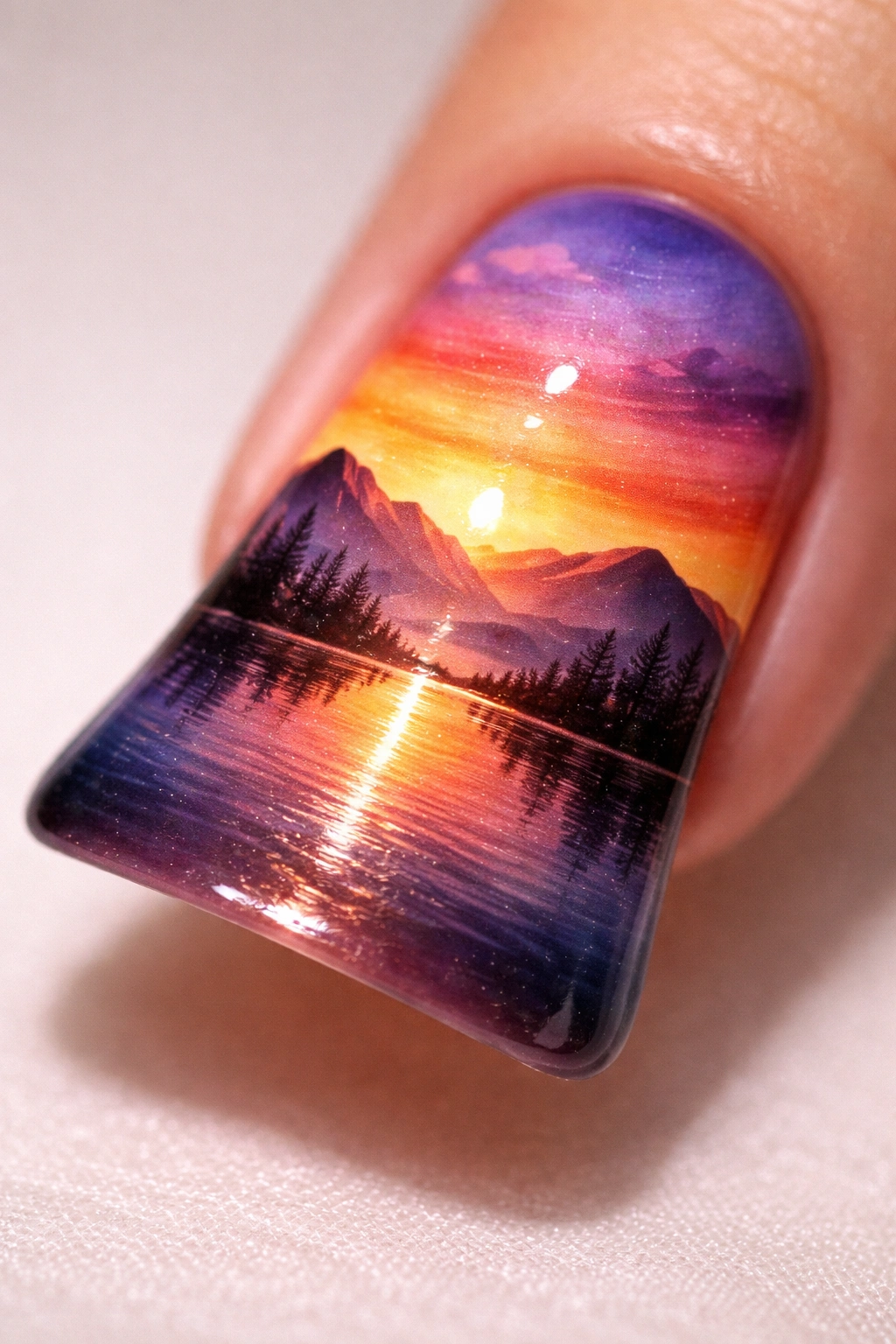 Close-up of a duck nail with sunset landscape including mountains and water