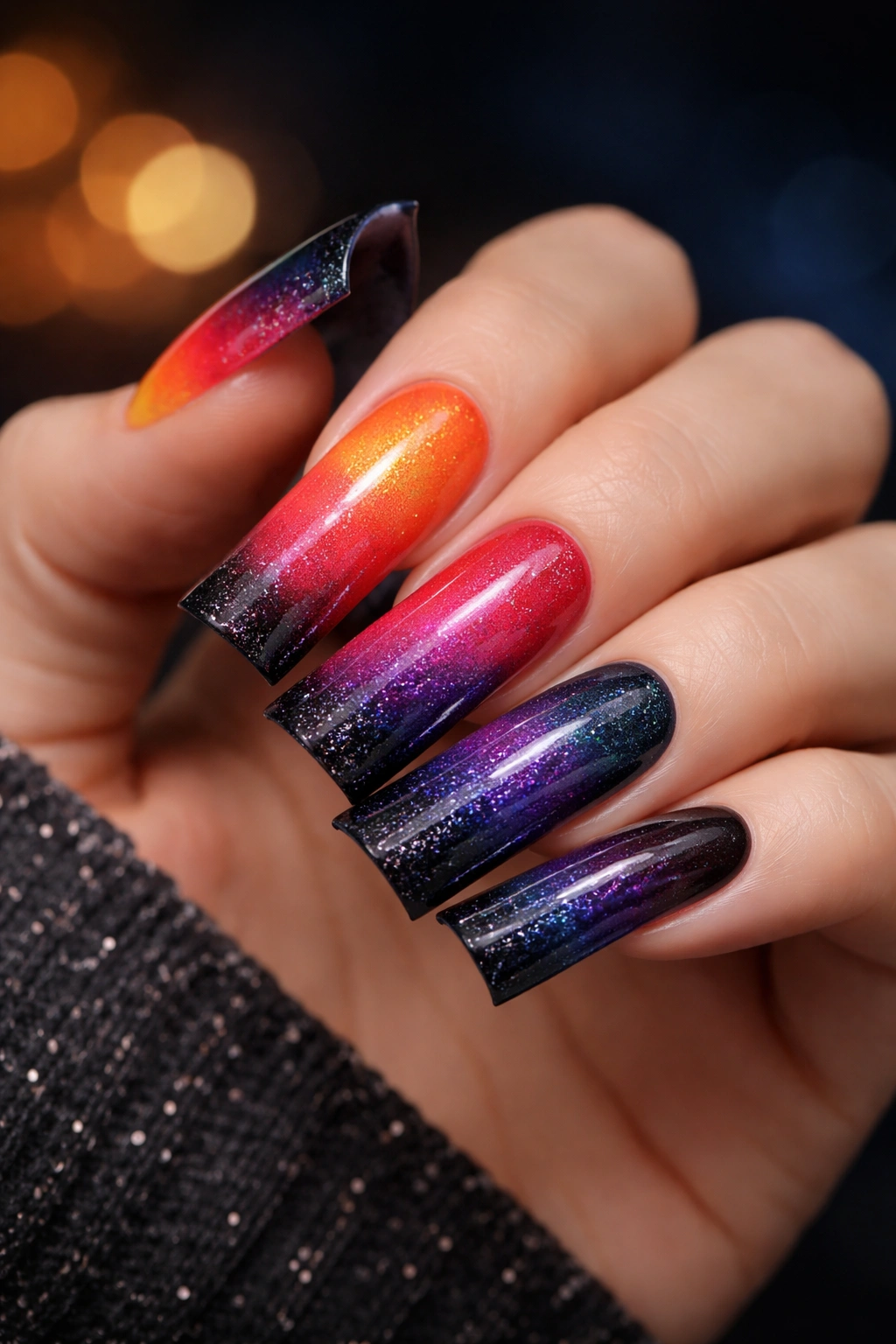 Close-up of duck nails with a sunset-to-midnight gradient from warm coral to deep midnight tones