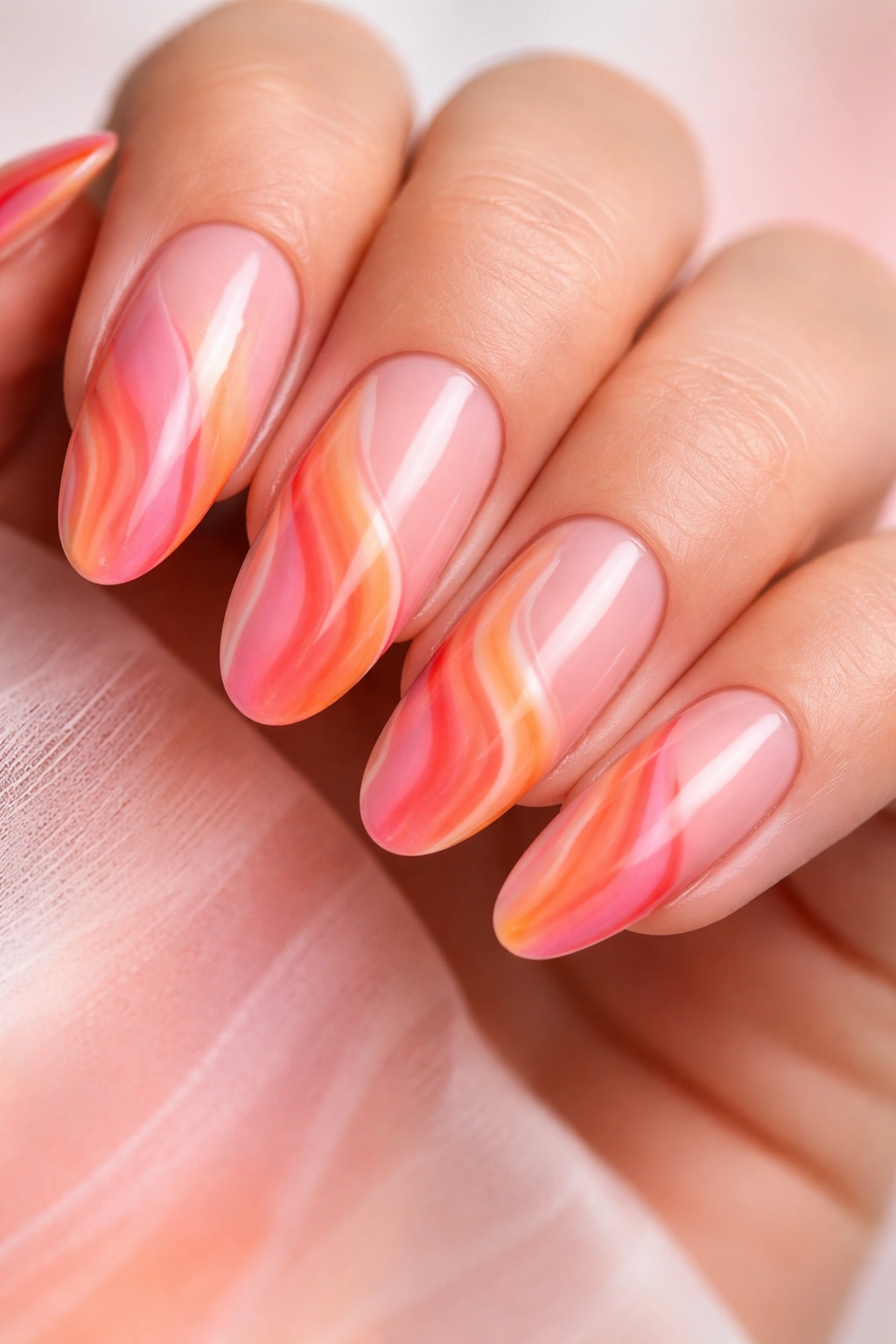 Nails with coral orange pink sunset gradient swirl on nude base.