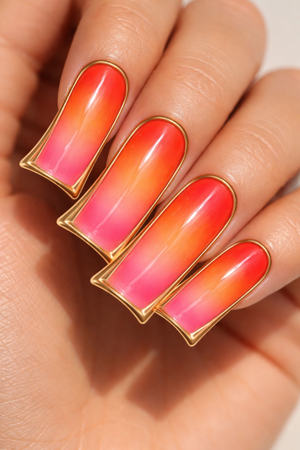 Y2K sunset gradient on long duck nails with gold outlines